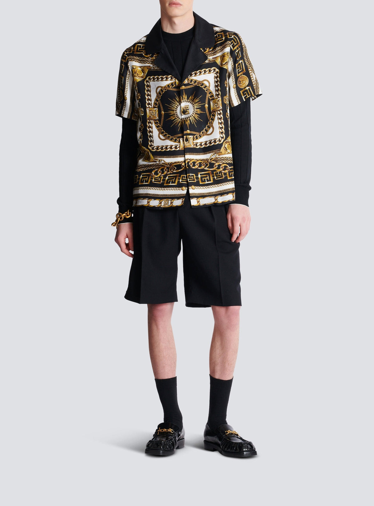 Chemise pyjama imprimée motif foulard chaînes - Noir & Blanc & Or
