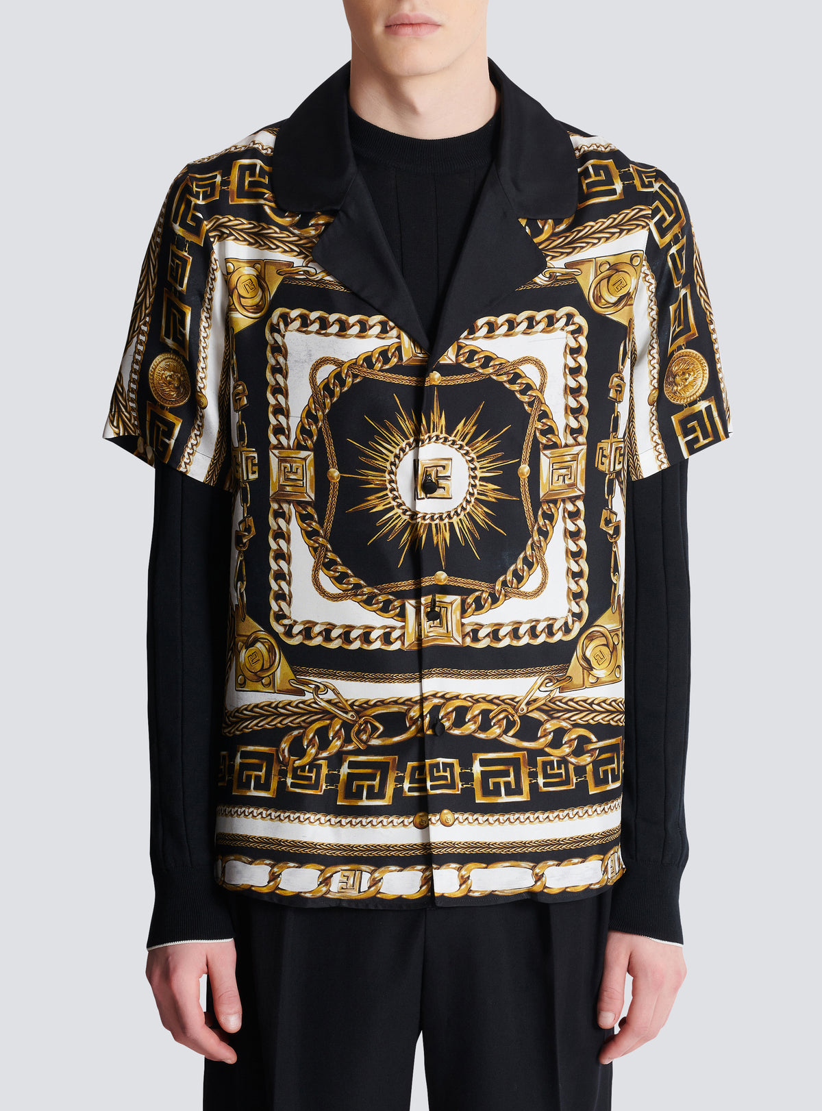 Chemise pyjama imprimée motif foulard chaînes - Noir & Blanc & Or