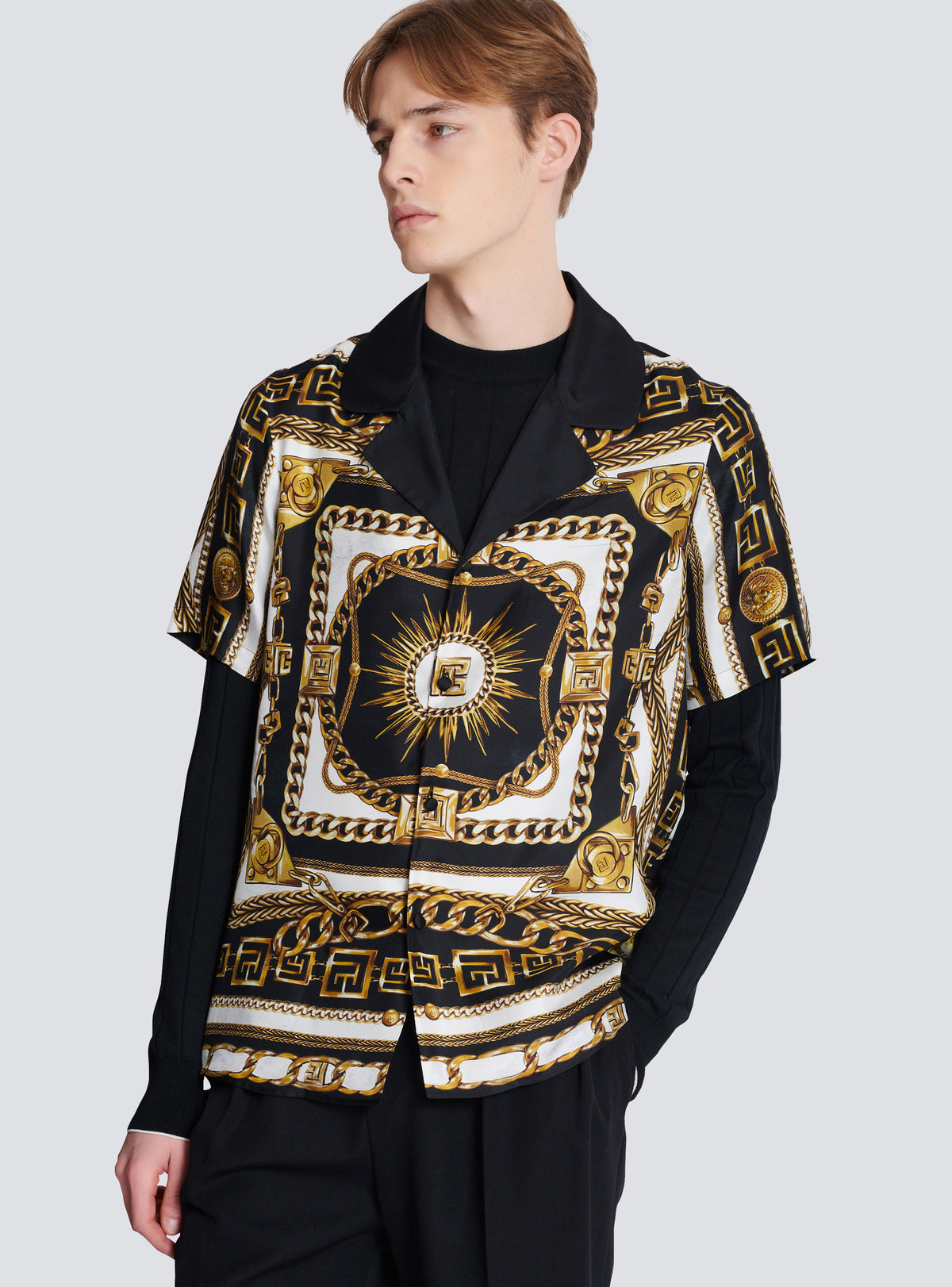 Chemise pyjama imprimée motif foulard chaînes - Noir & Blanc & Or