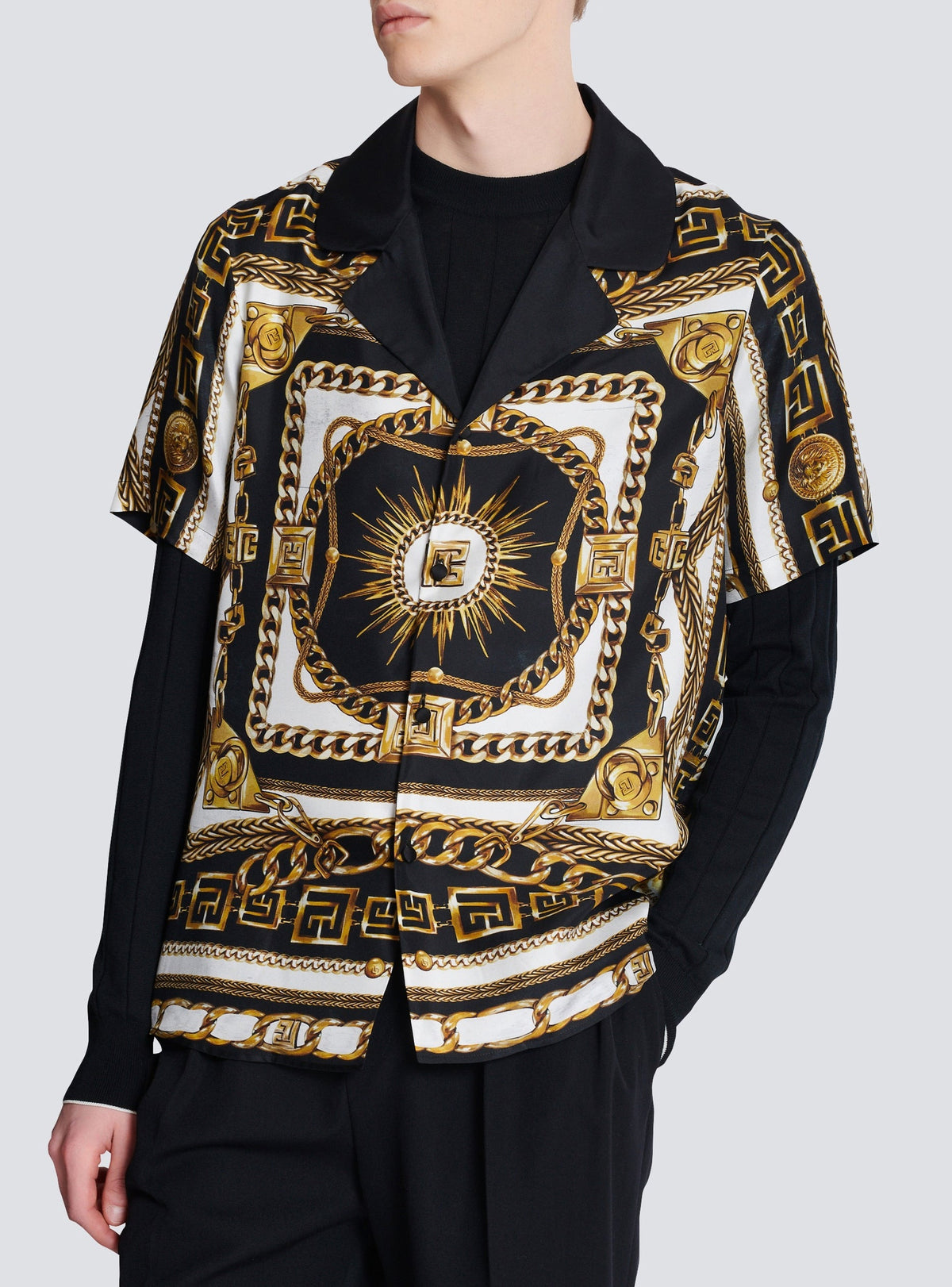 Chemise pyjama imprimée motif foulard chaînes - Noir & Blanc & Or