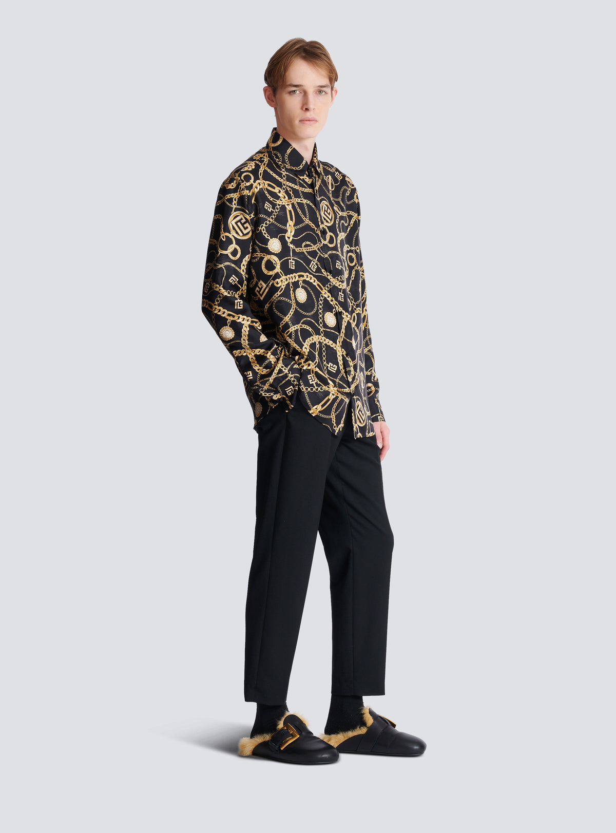 Chemise en soie imprimée motif chaînes - Noir & Or