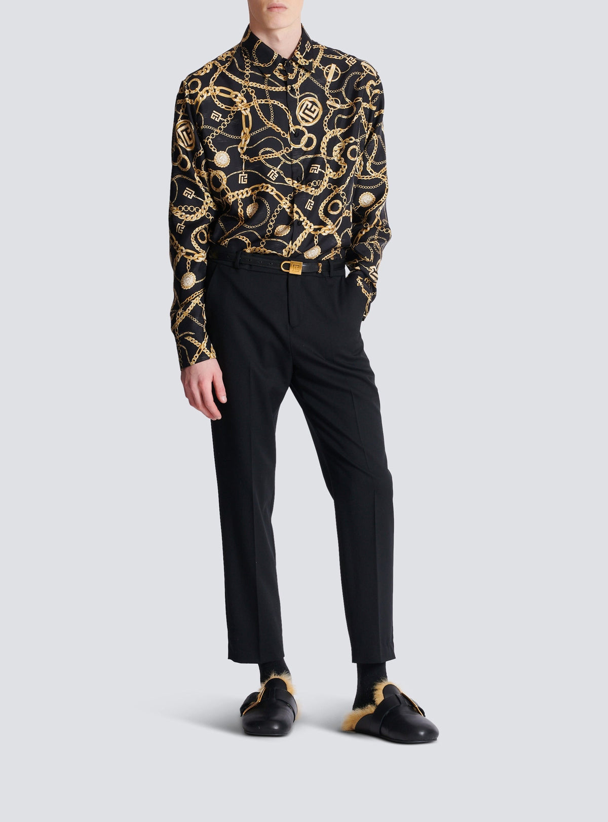 Chemise imprimée motif chaînes en soie - Noir & Or