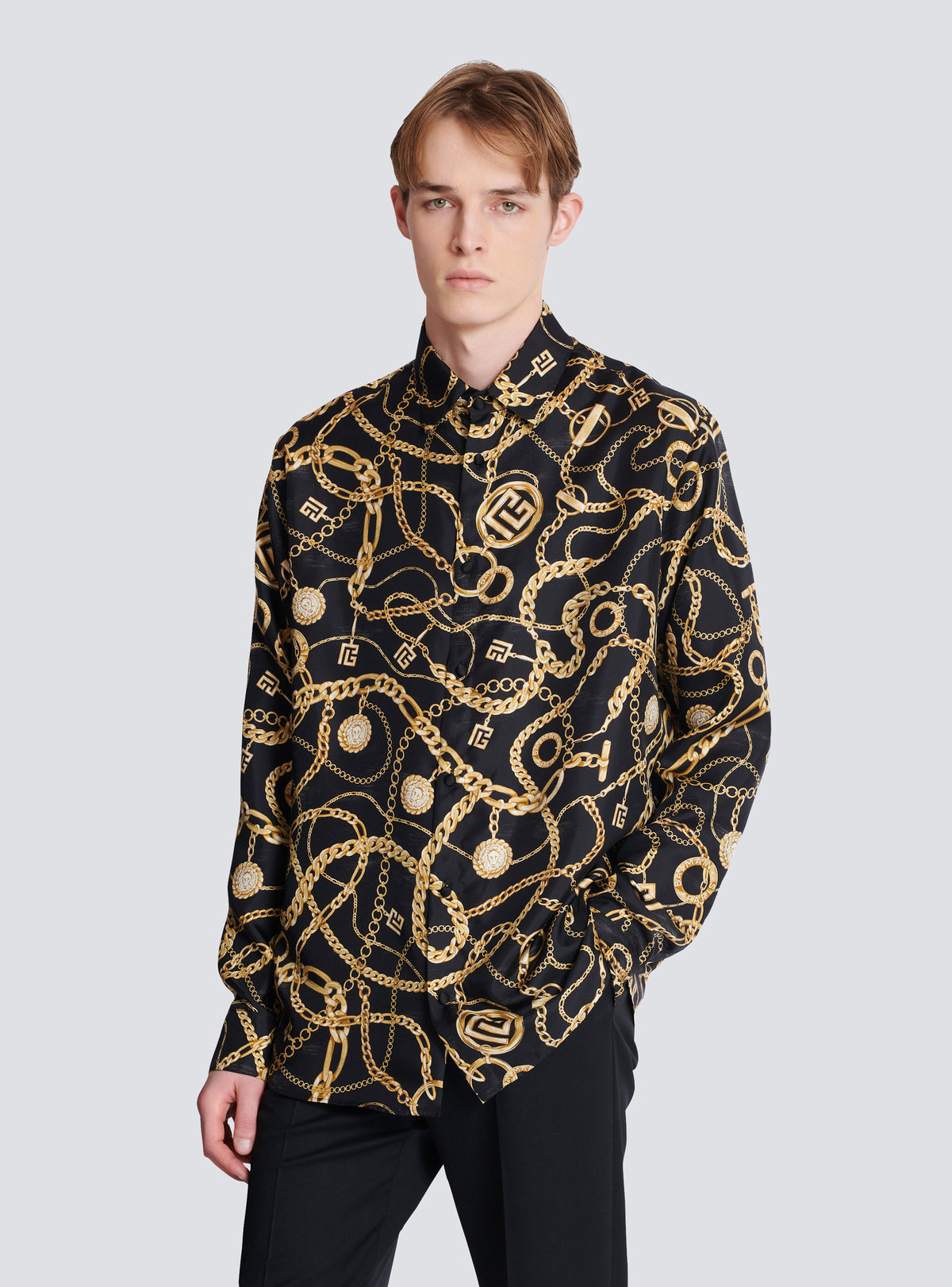 Chemise en soie imprimée motif chaînes - Noir & Or