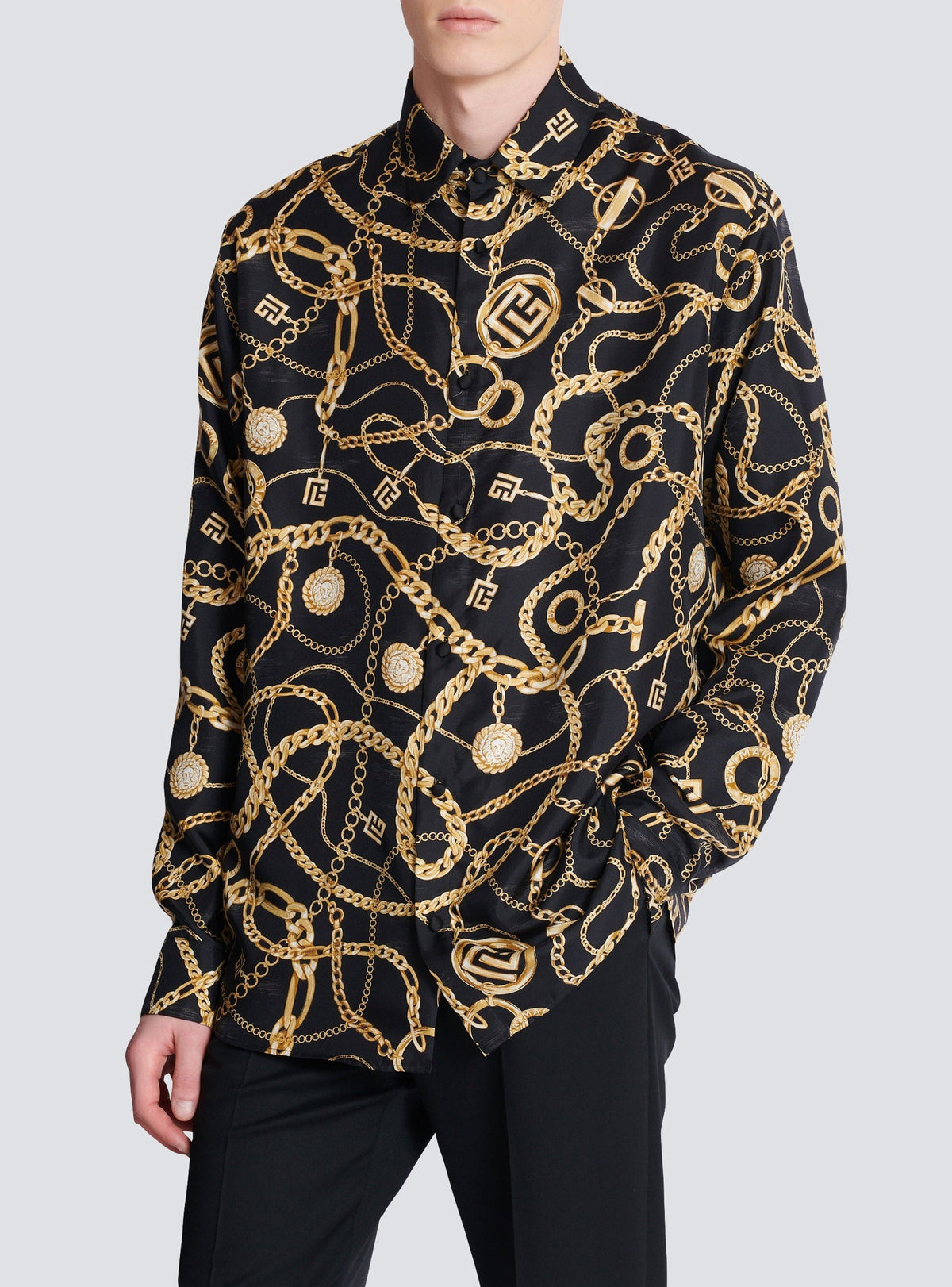 Chemise imprimée motif chaînes en soie - Noir & Or