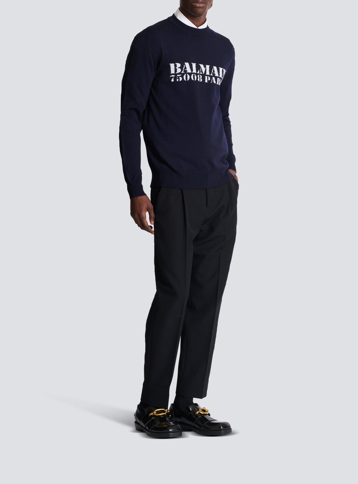 Wool crew-neck sweater - Navy Blue & White