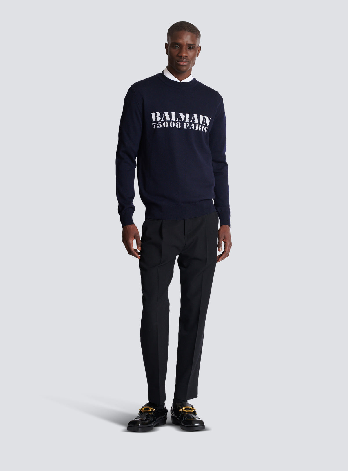 Pull en laine mérinos balmain stamp - Bleu Marine & Blanc
