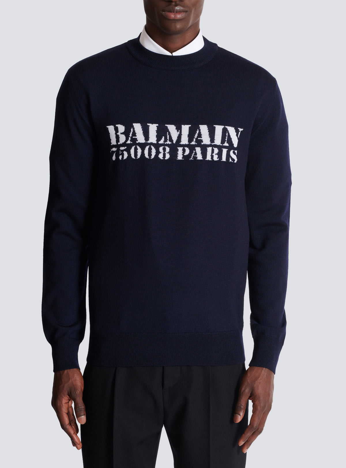 Pull en laine mérinos balmain stamp - Bleu Marine & Blanc