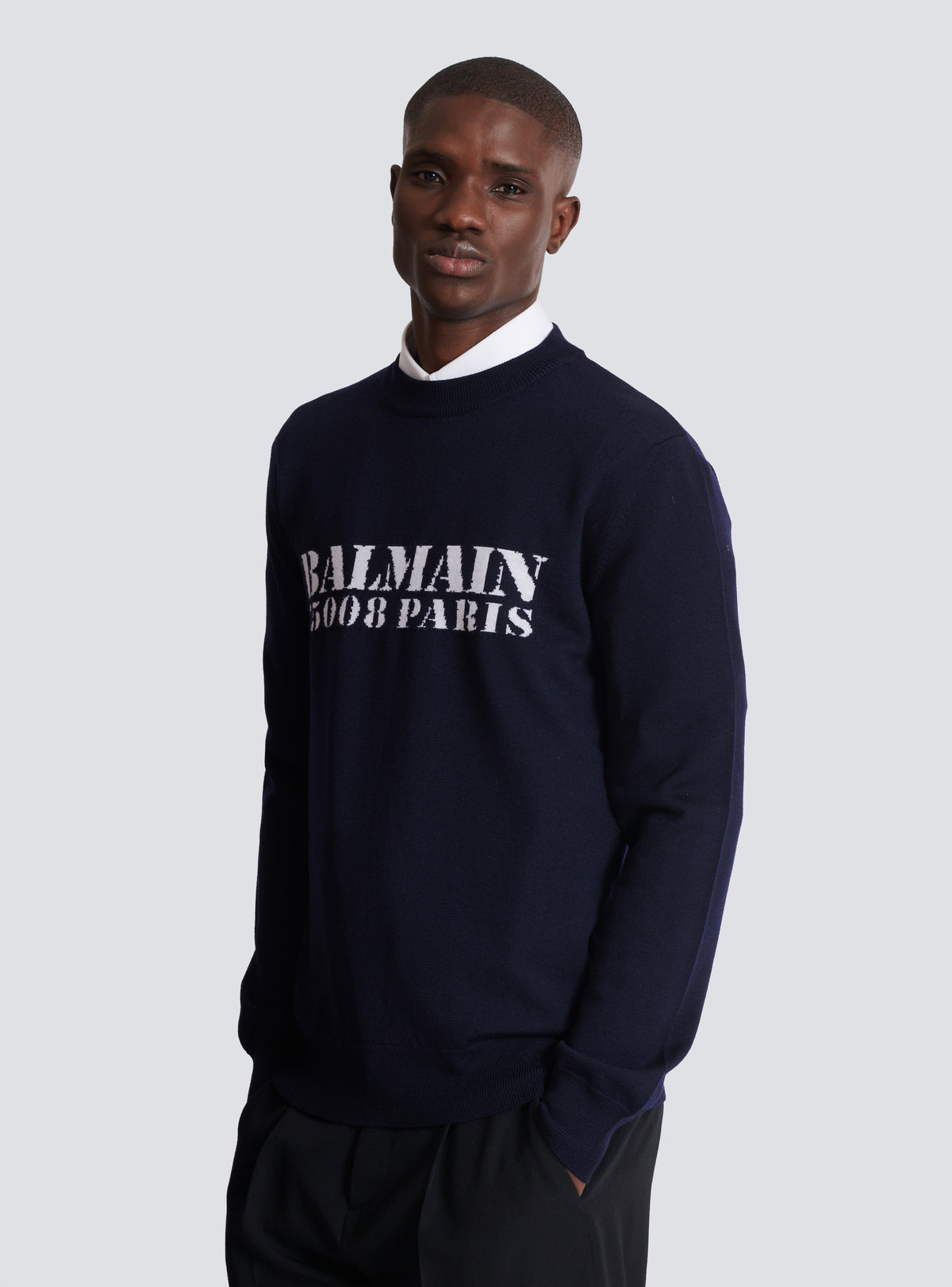 Pull en laine mérinos balmain stamp - Bleu Marine & Blanc