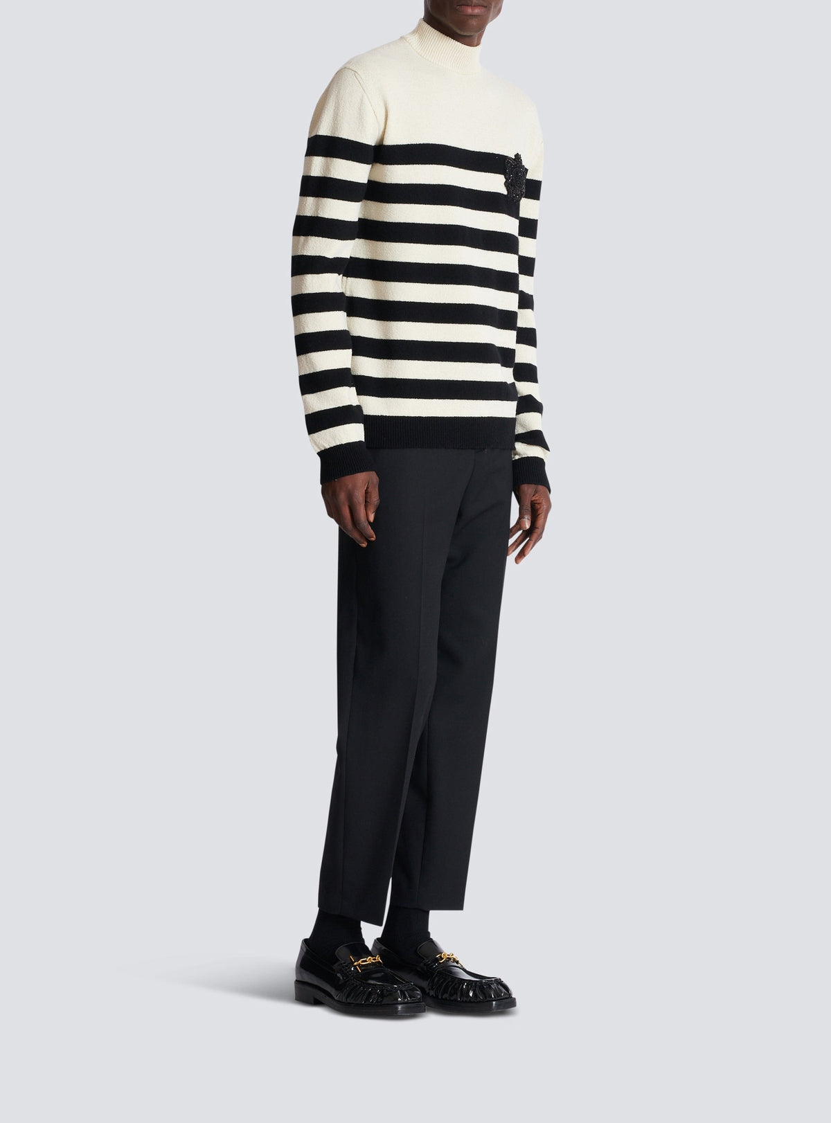 Pull Marinière à col montant en laine - Blanc