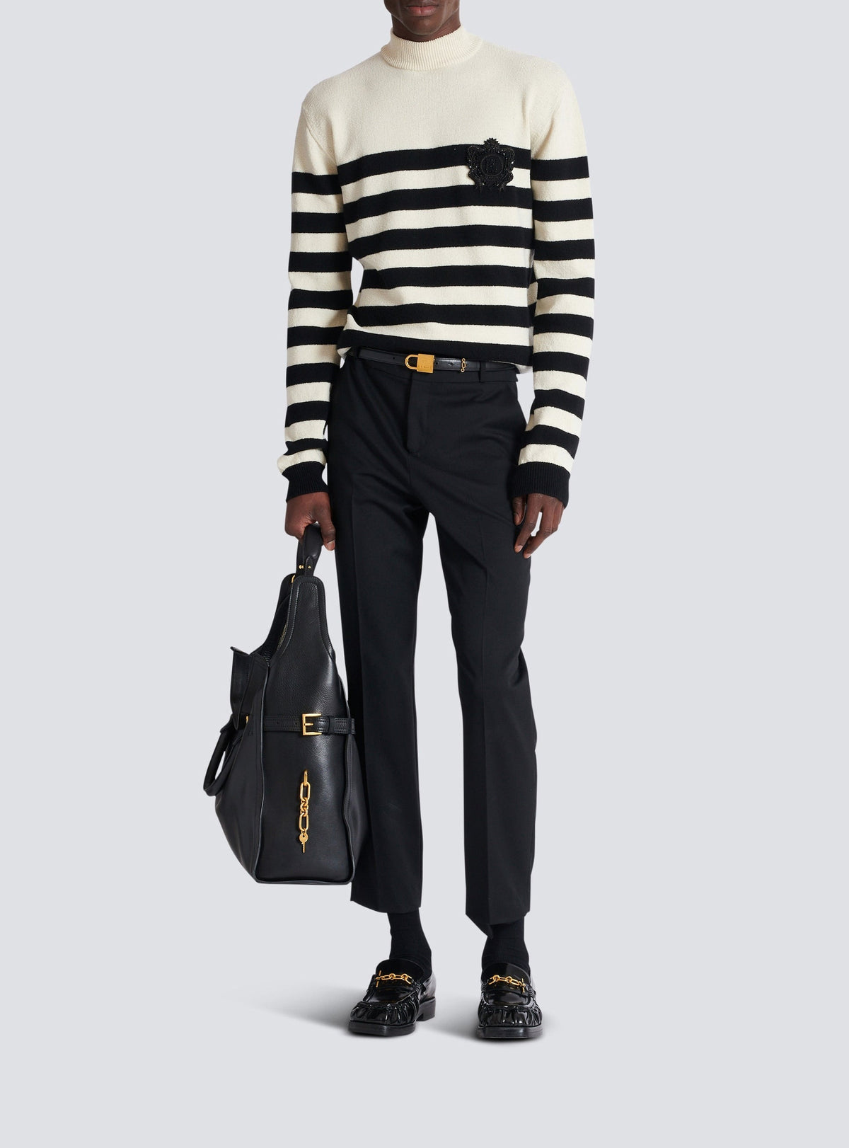 Pull Marinière à col montant en laine - Blanc