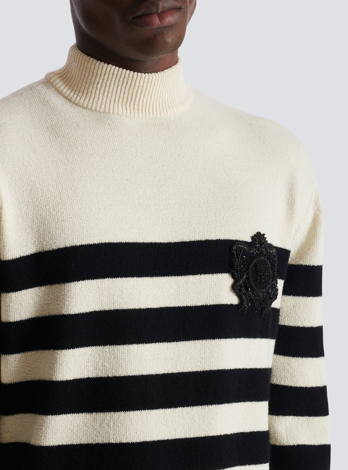Pull Marinière à col montant en laine - Blanc