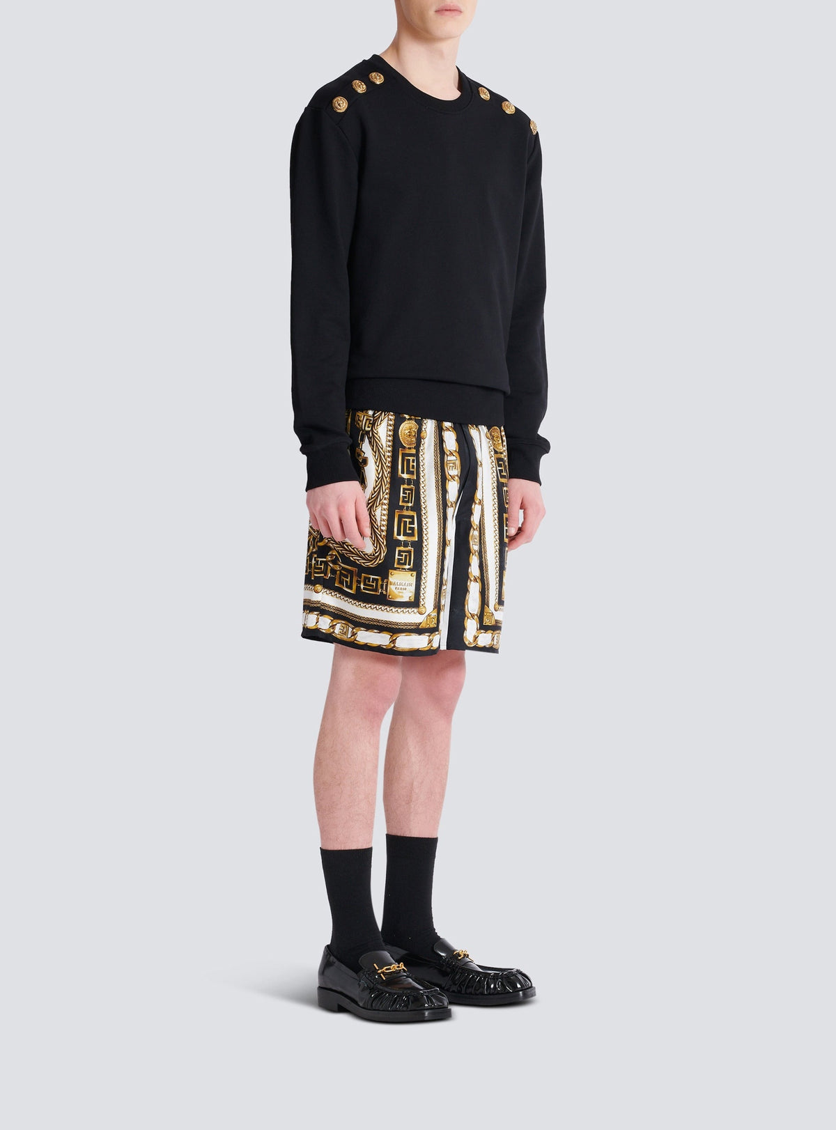 Short fluide imprimé motif foulard chaînes - Noir & Blanc & Or