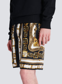 Short fluide imprimé motif foulard chaînes - Noir & Blanc & Or