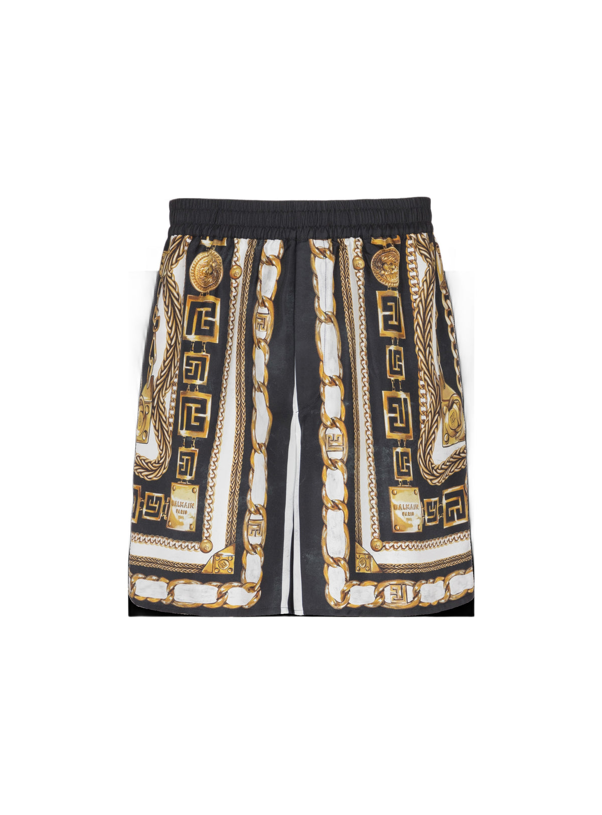Short fluide imprimé motif foulard chaînes - Noir & Blanc & Or