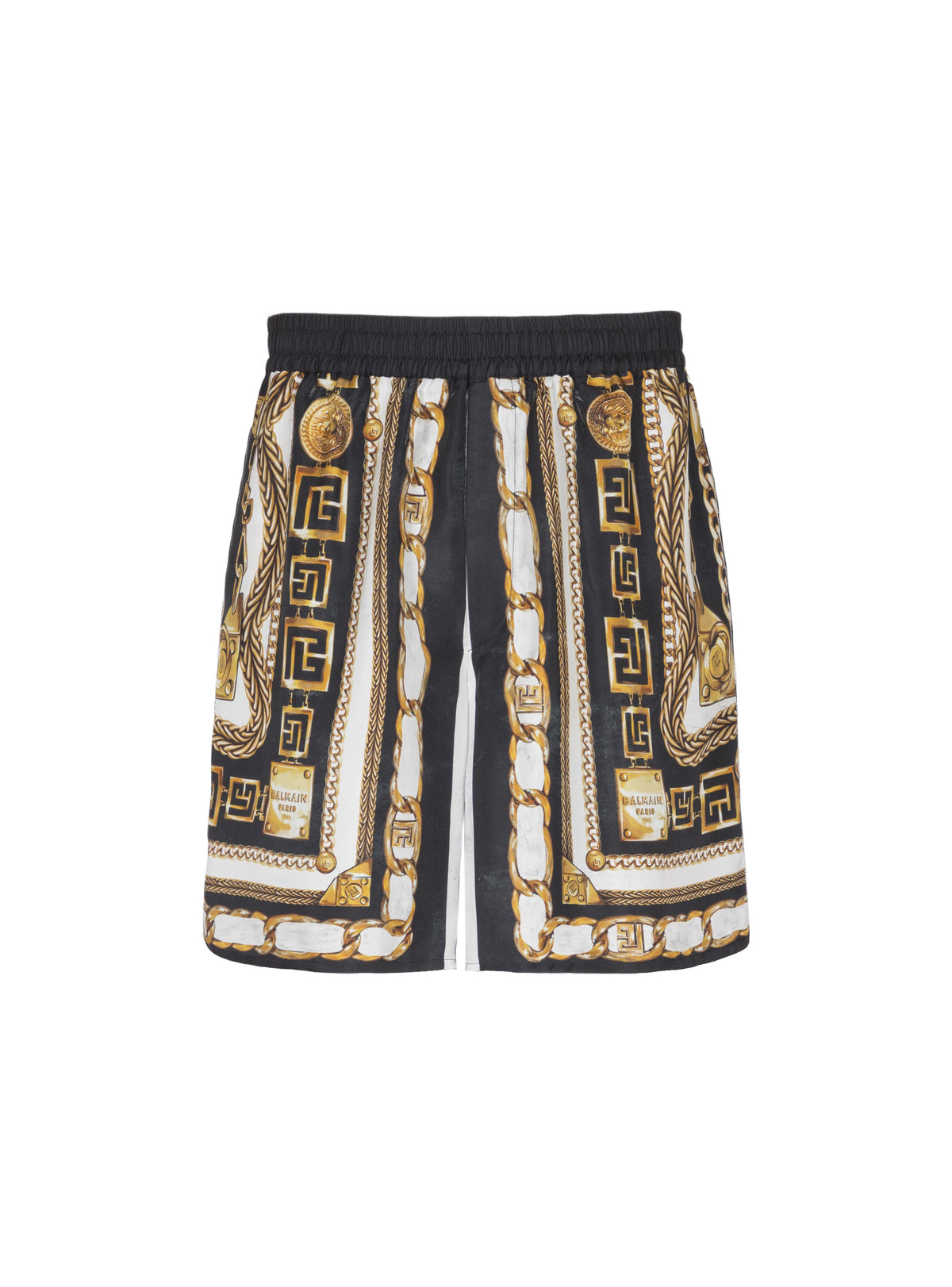 Short fluide imprimé motif foulard chaînes - Noir & Blanc & Or