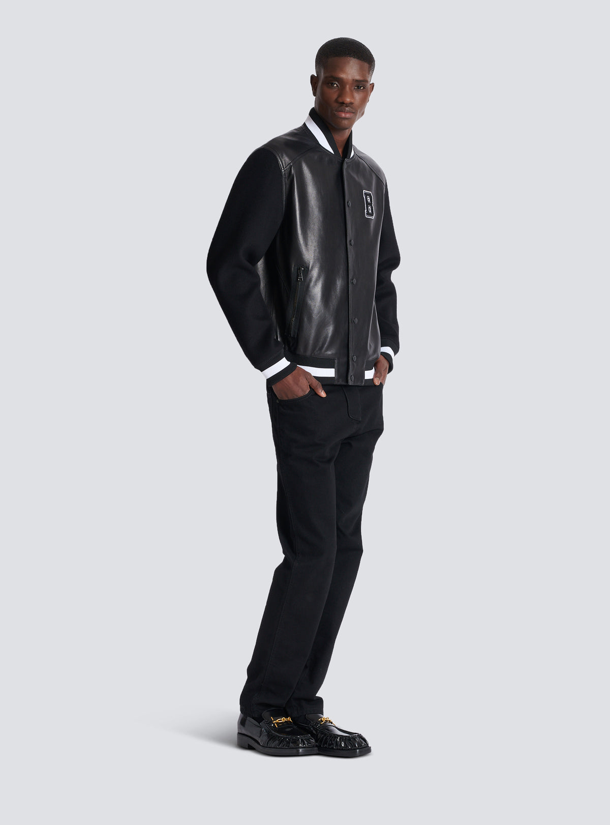 Veste varsity en cuir d'agneau et laine - Noir & Noir