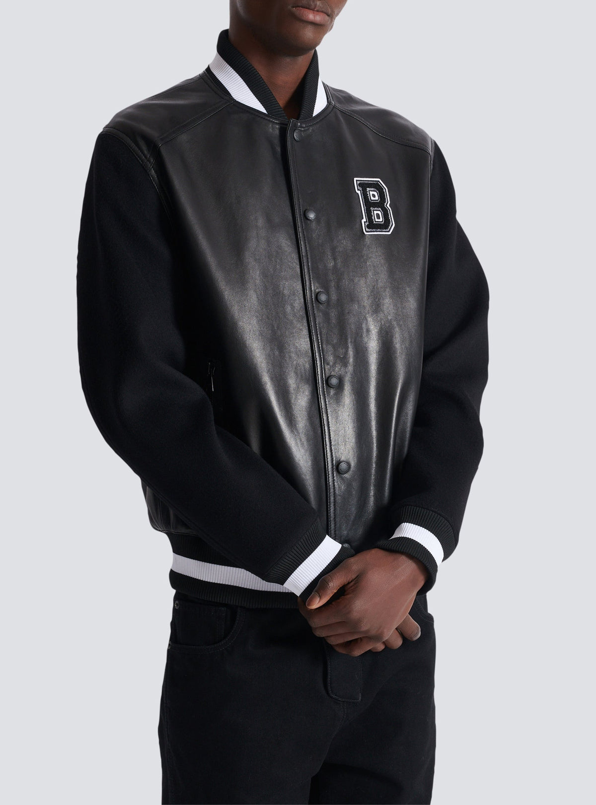 Varsity jacket in lambskin leather and wool - Black & Black