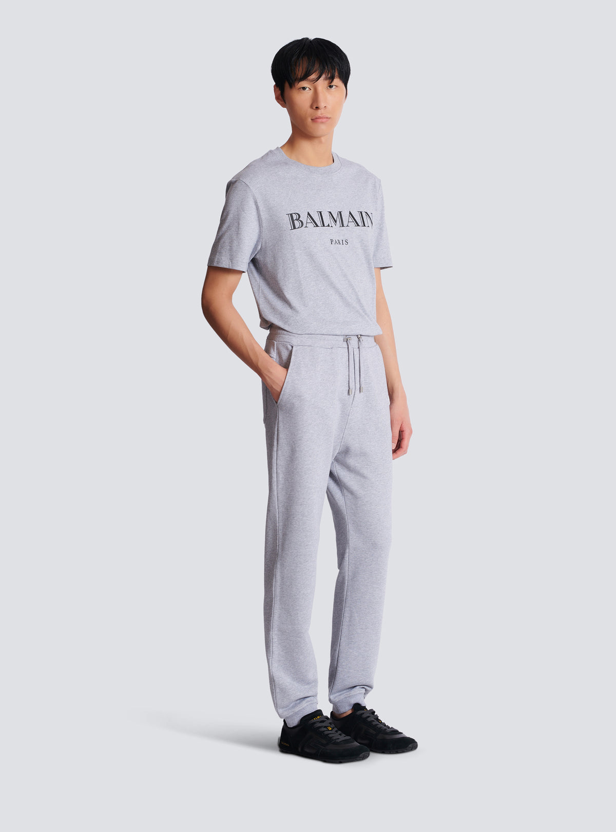Pantalon de jogging en coton imprimé logo balmain - Gris Chiné & Noir