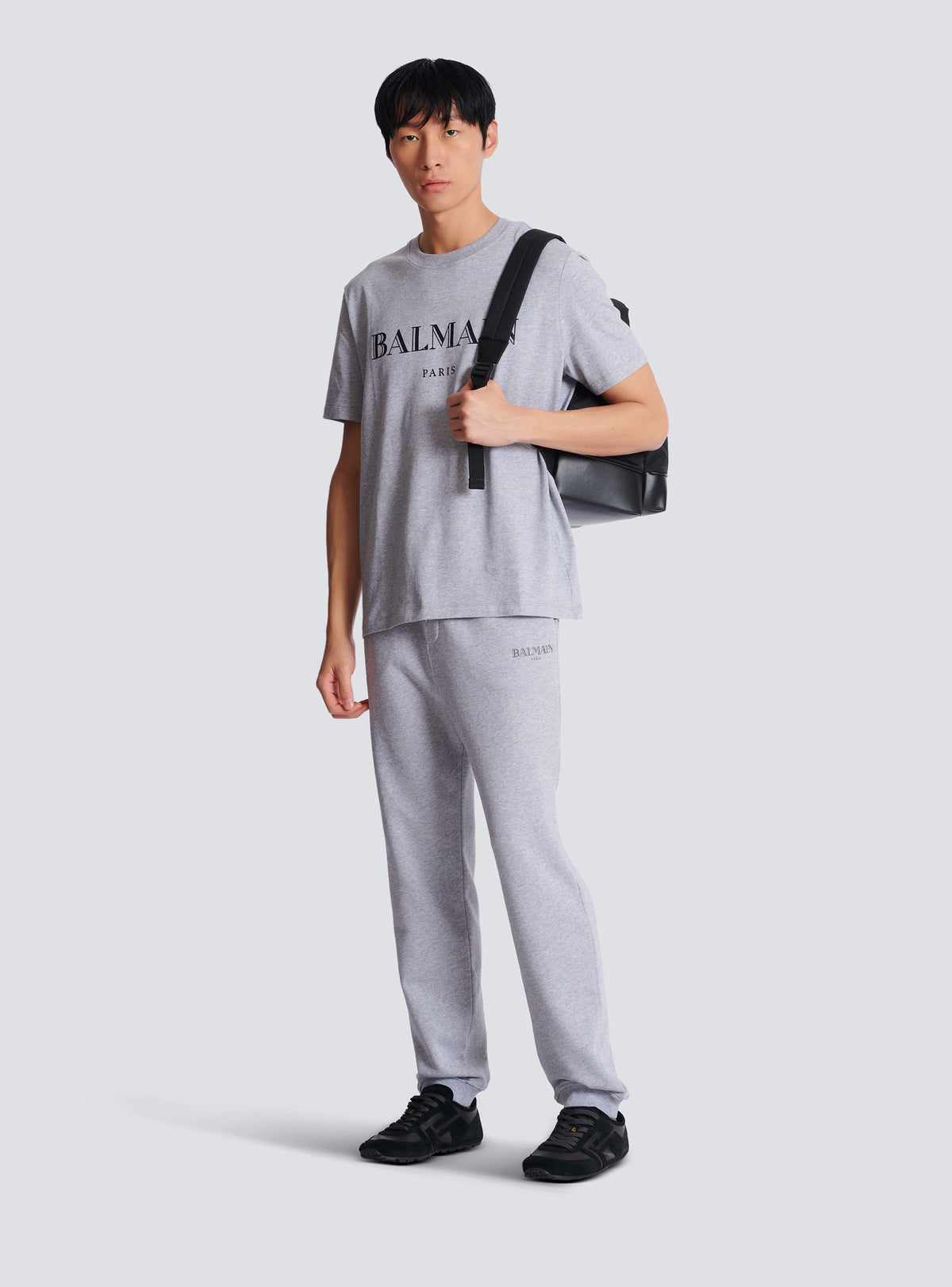 Pantalon de jogging en coton imprimé logo balmain - Gris Chiné & Noir