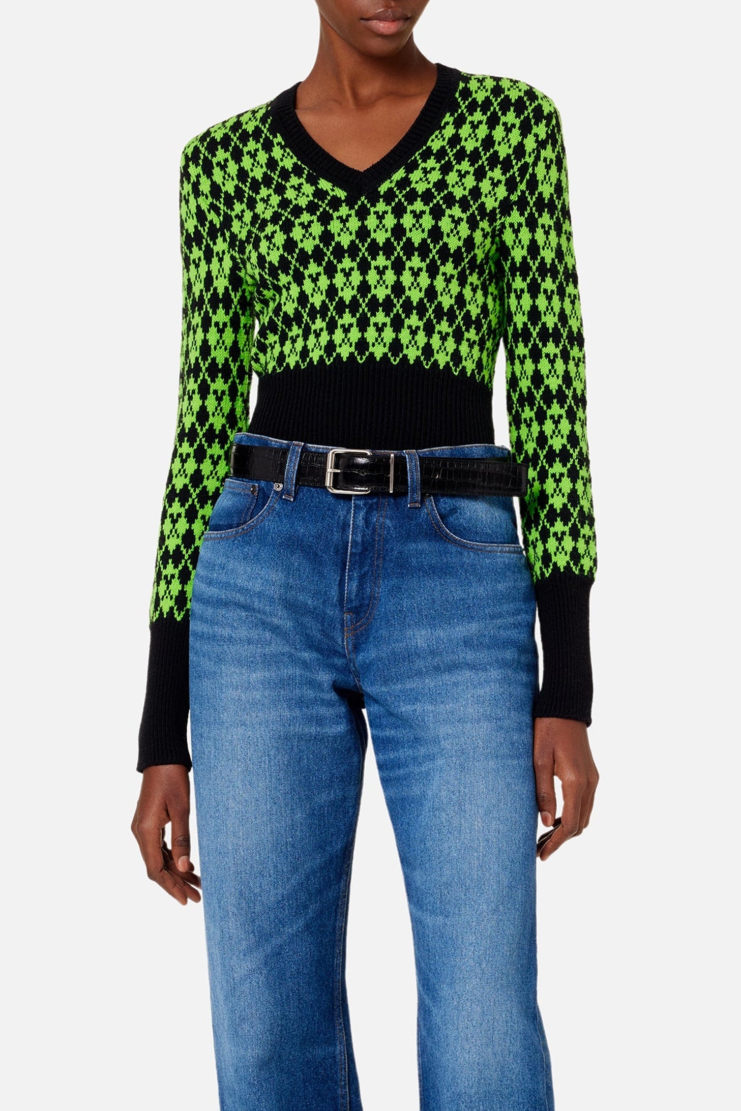 Pull jacquard col V en laine - Black & Green