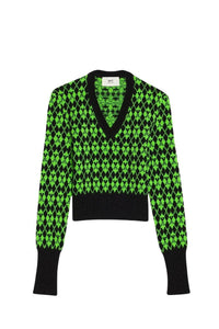 Pull jacquard col V en laine - Black & Green