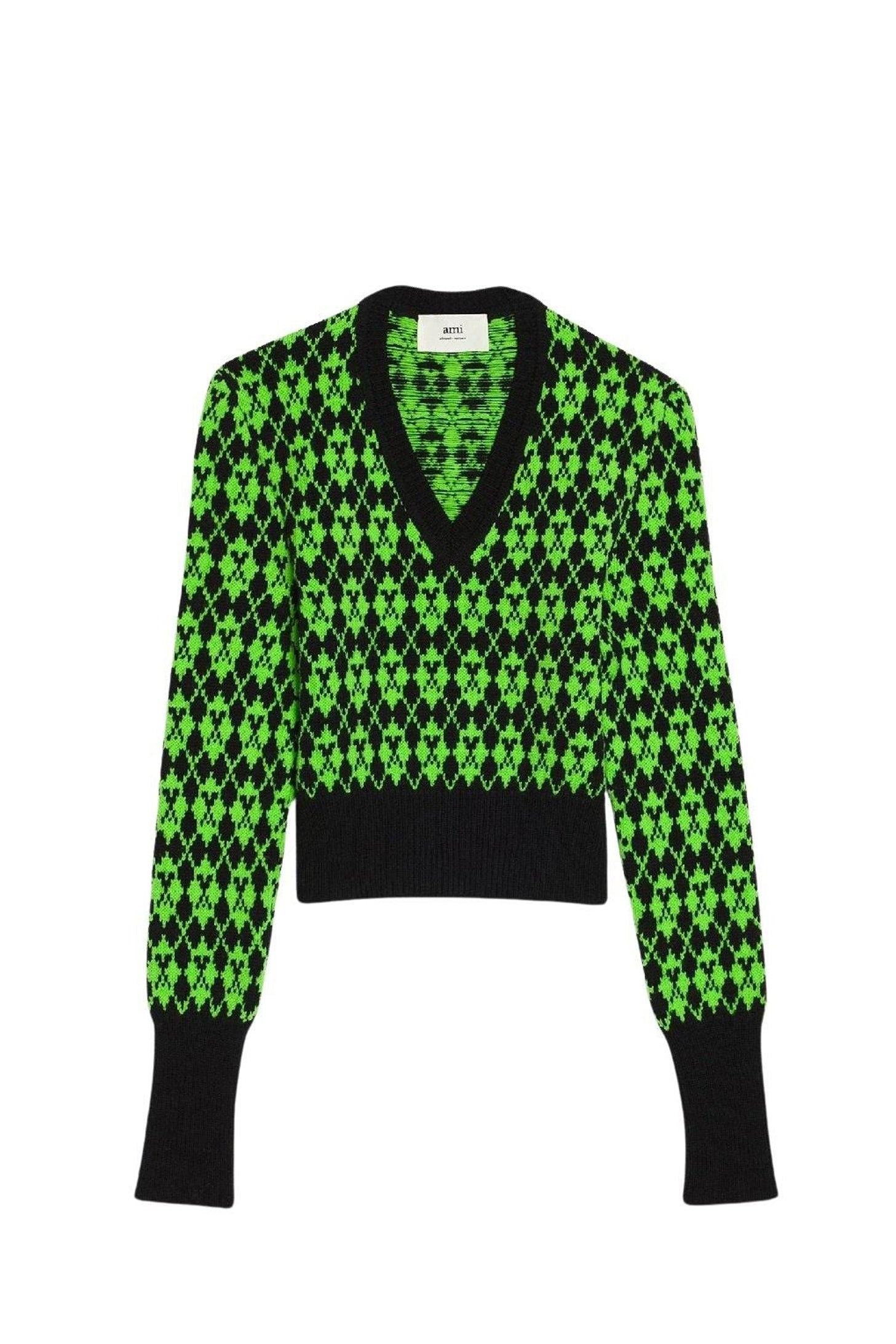 Pull jacquard col V en laine - Black & Green