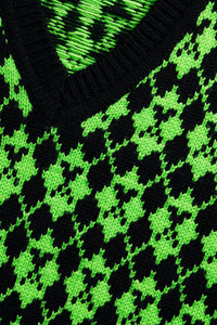 Pull jacquard col V en laine - Black & Green