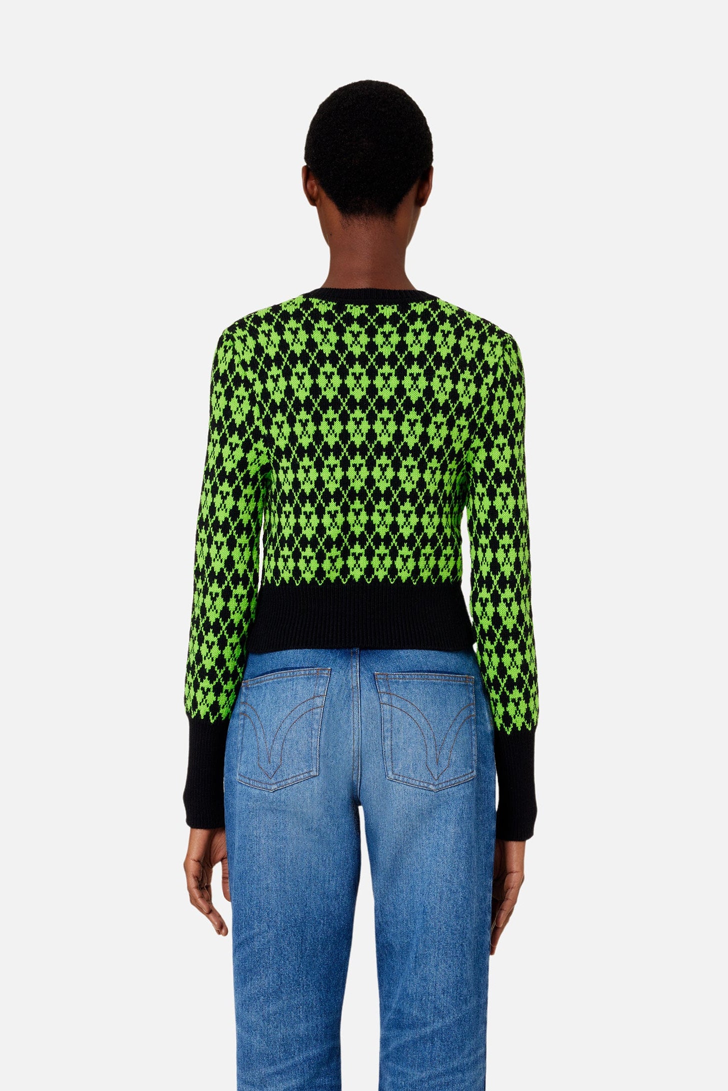 Pull jacquard col V en laine - Black & Green
