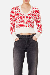 Pull jacquard col V en laine - Off White & Red