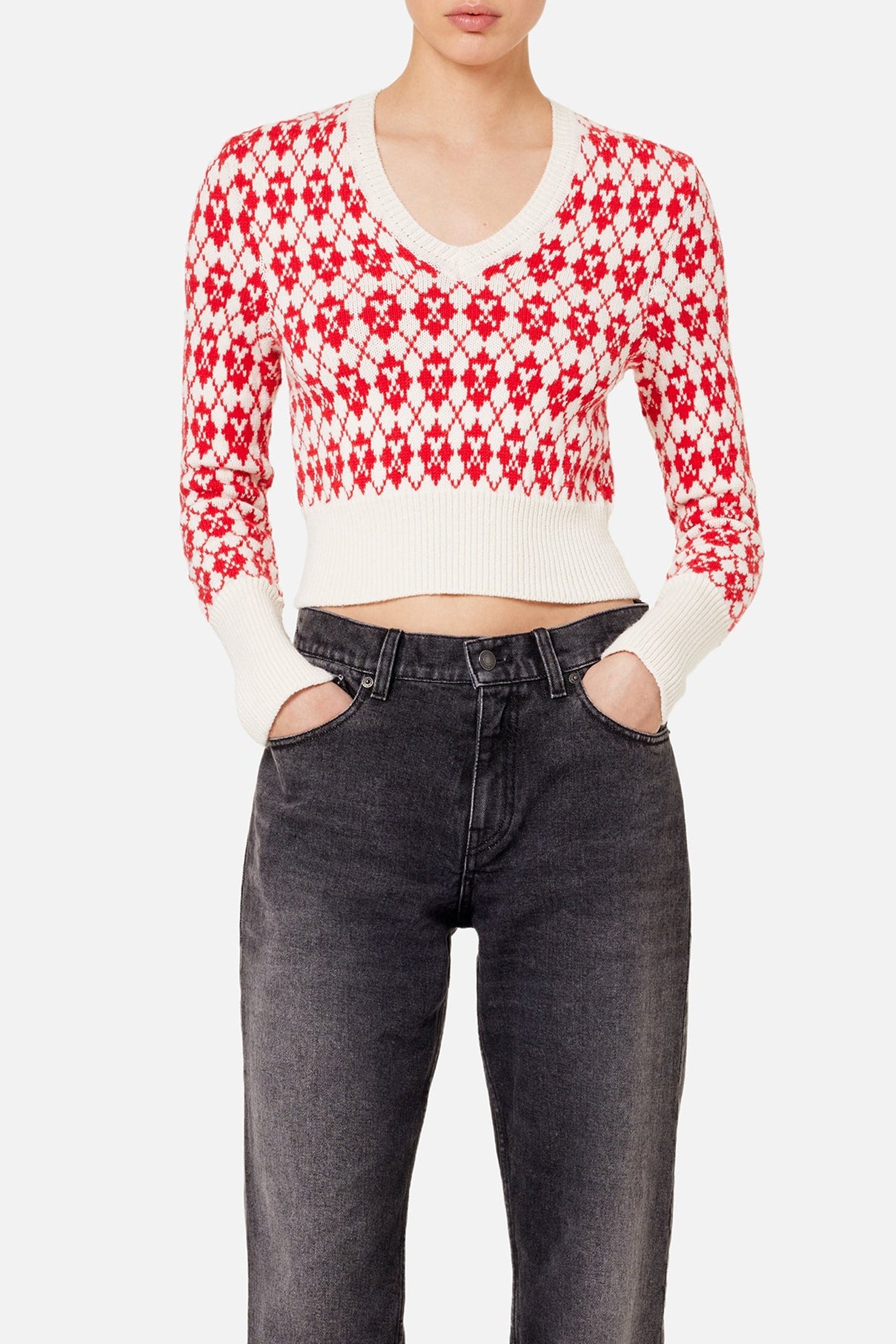 Pull jacquard col V en laine - Off White & Red