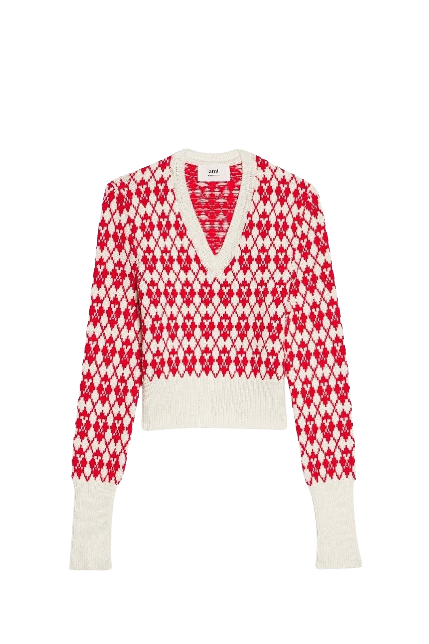 Pull jacquard col V en laine - Off White & Red