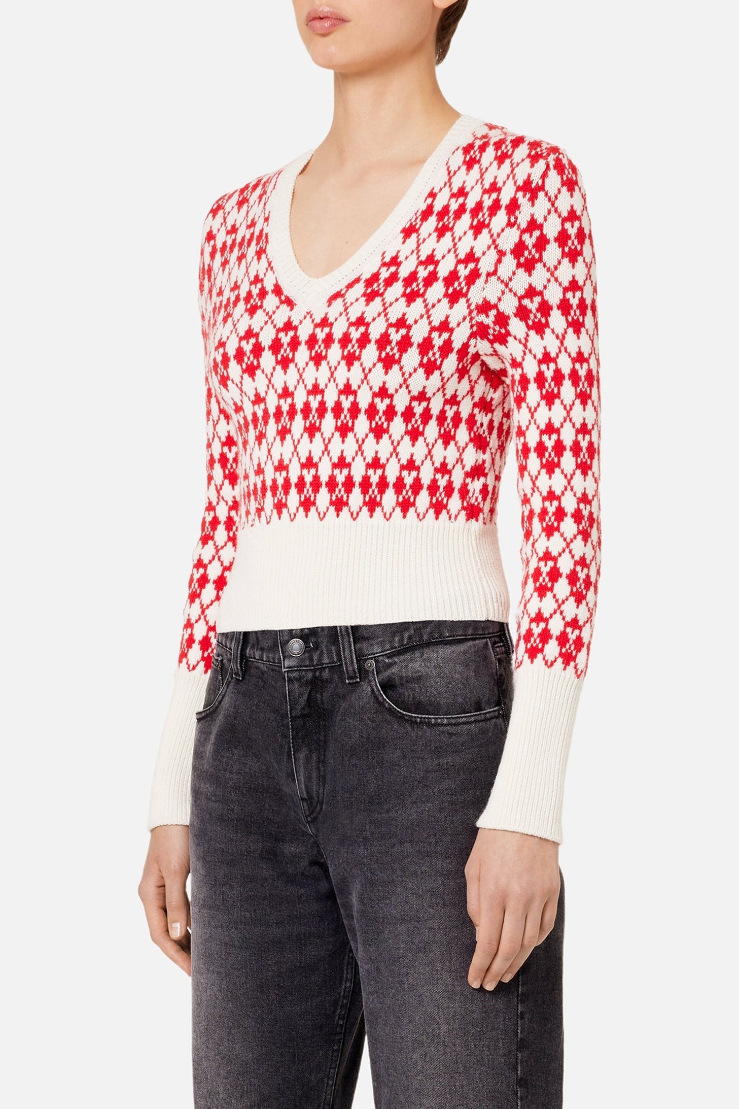 Pull jacquard col V en laine - Off White & Red