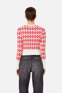 Pull jacquard col V en laine - Off White & Red