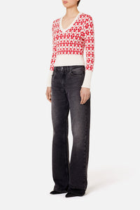 Pull jacquard col V en laine - Off White & Red