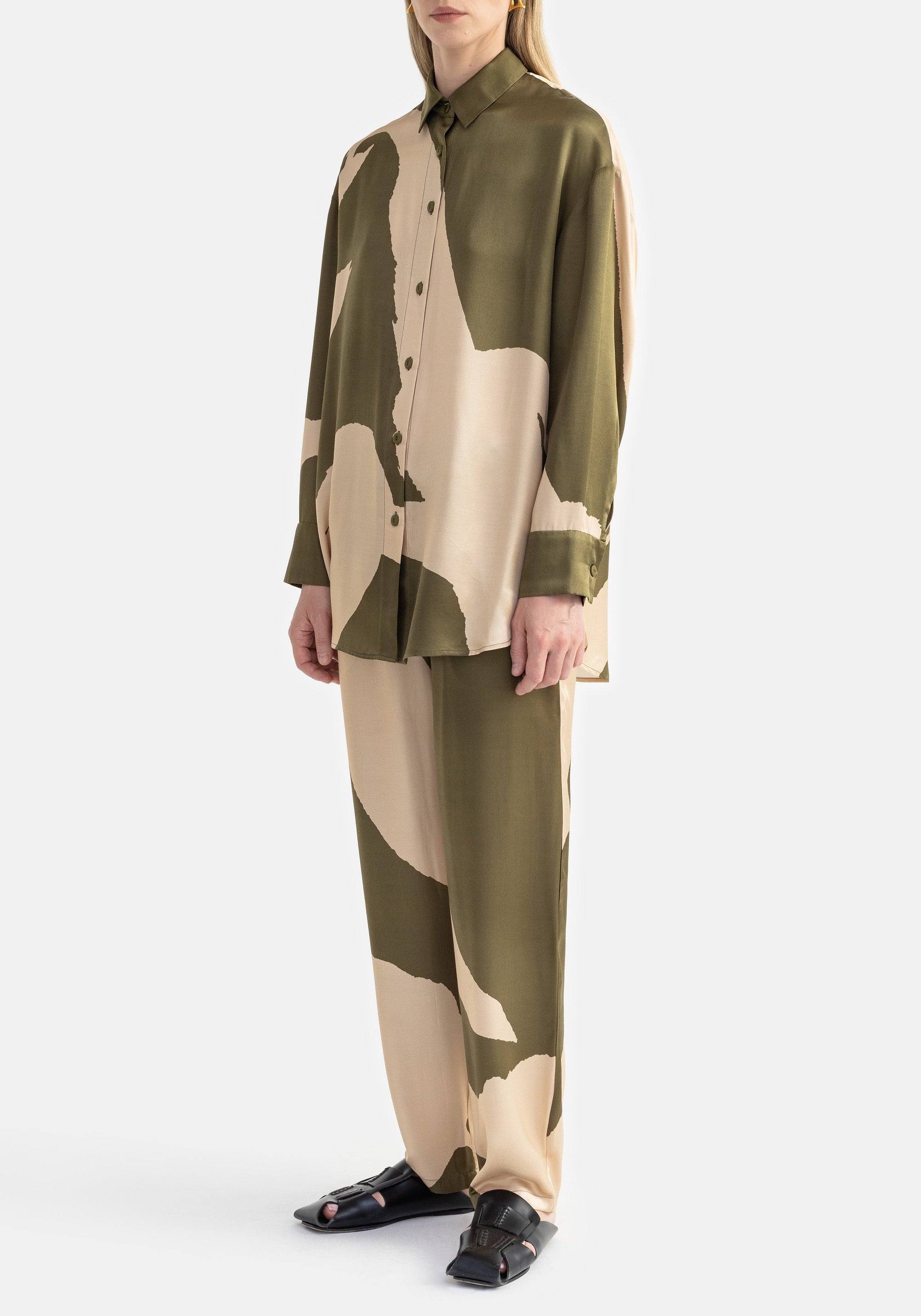 Chemise Flint oversize en soie mélangée - Olive Mono