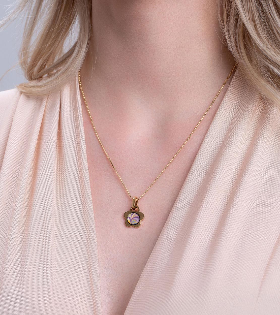 Collier Victoria's flower en émail et décoré à l'or - Bleu & orange & rose