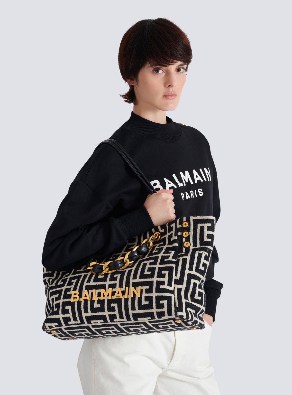 Sac cabas 1945 soft en toile jacquard à monogramme pb - Ivoire & Noir