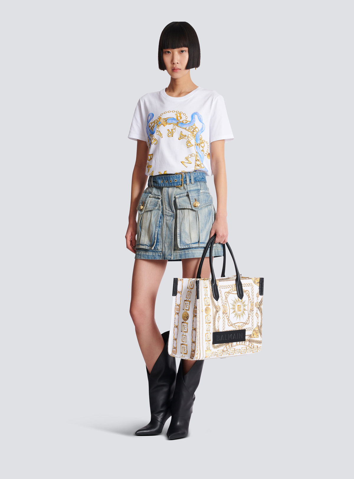 Sac cabas b-army medium en toile imprimée  - Blanc & Noir & Or