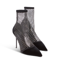 Bottines en résille à talons avec velours et strass - Noir
