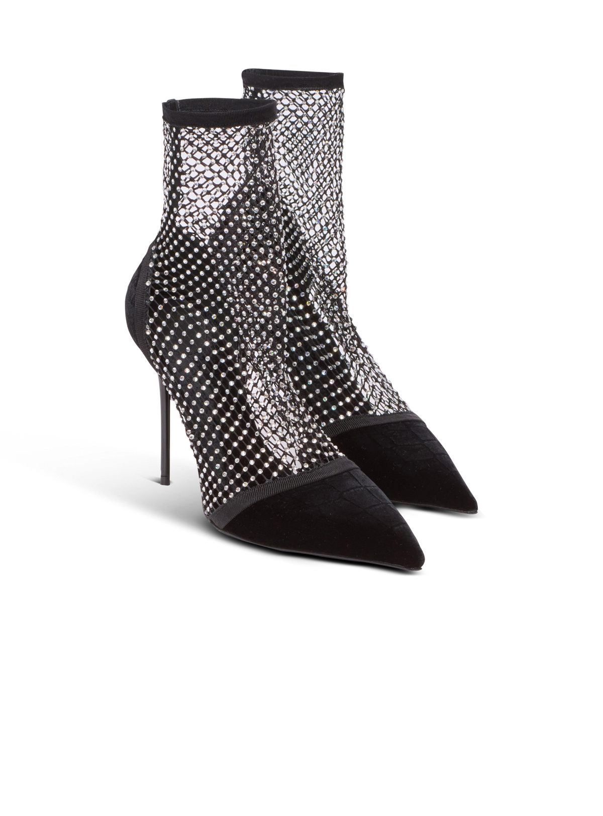 Bottines en résille à talons avec velours et strass - Noir