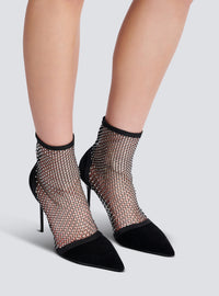 Bottines en résille à talons avec velours et strass - Noir