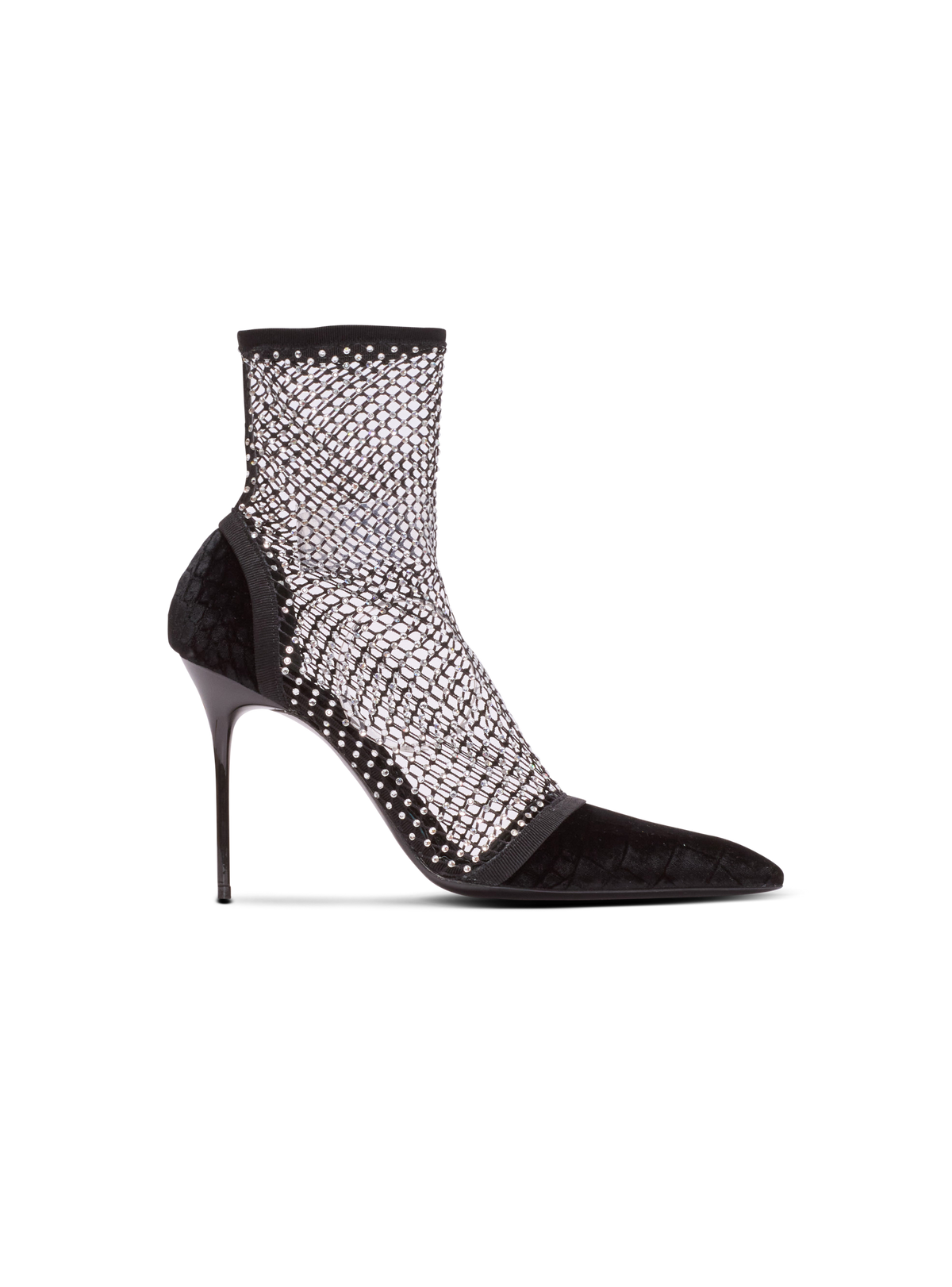 Bottines en résille à talons avec velours et strass - Noir