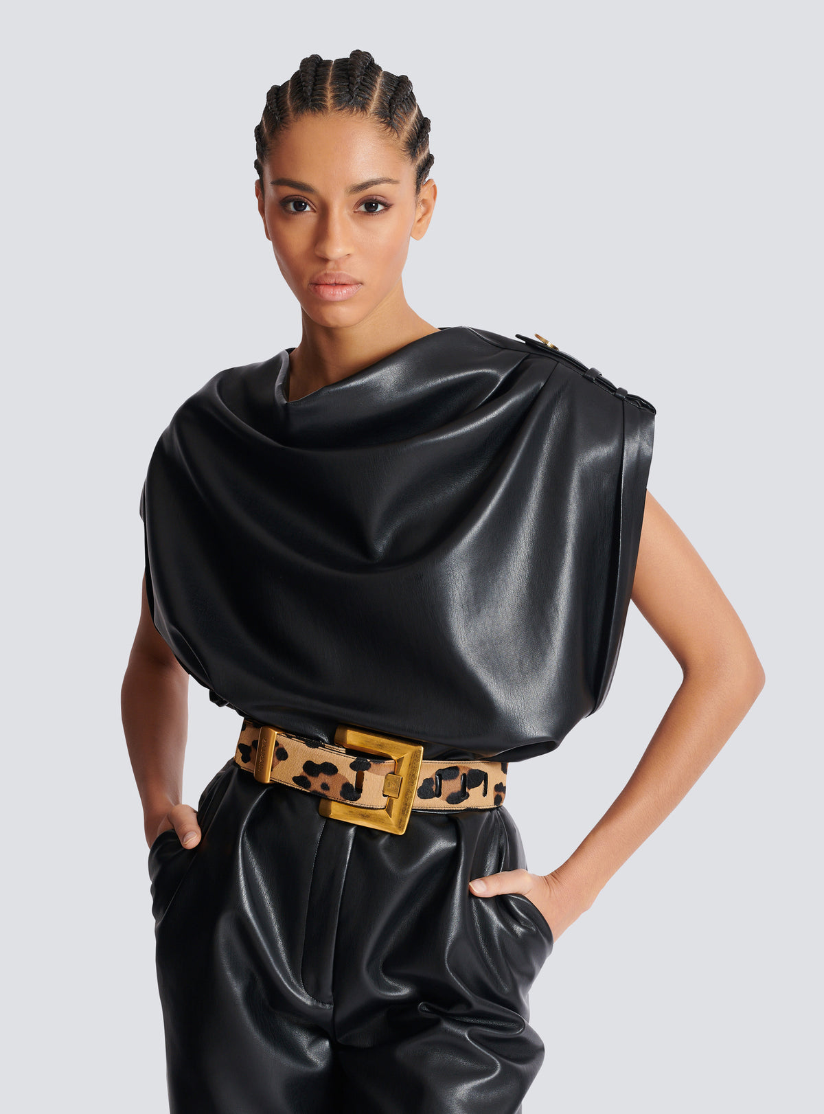Ceinture anthem en cuir imprimé motif léopard - Beige & Noir