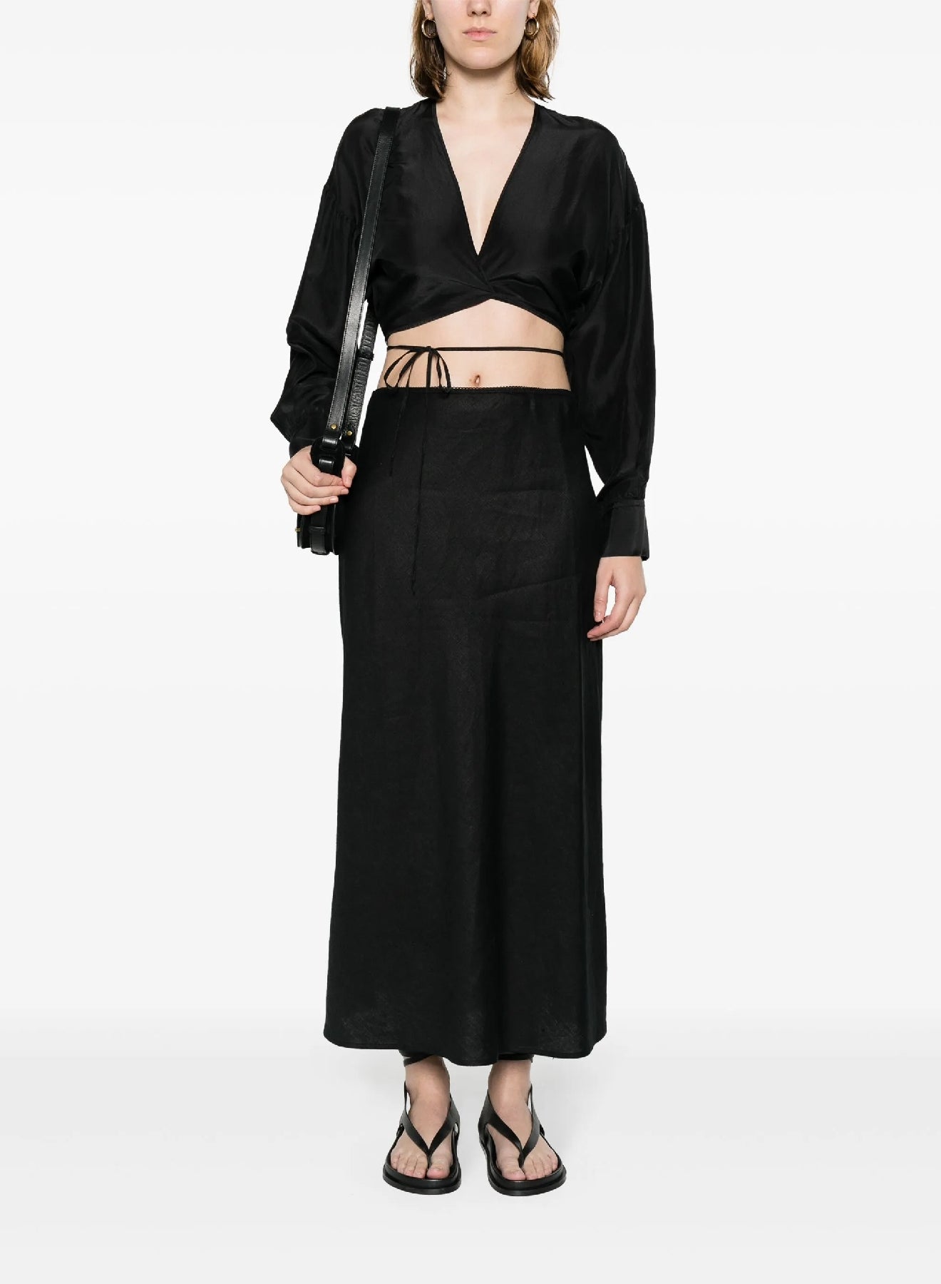 Chemise blouson ceinturée en soie Habotai - Nero