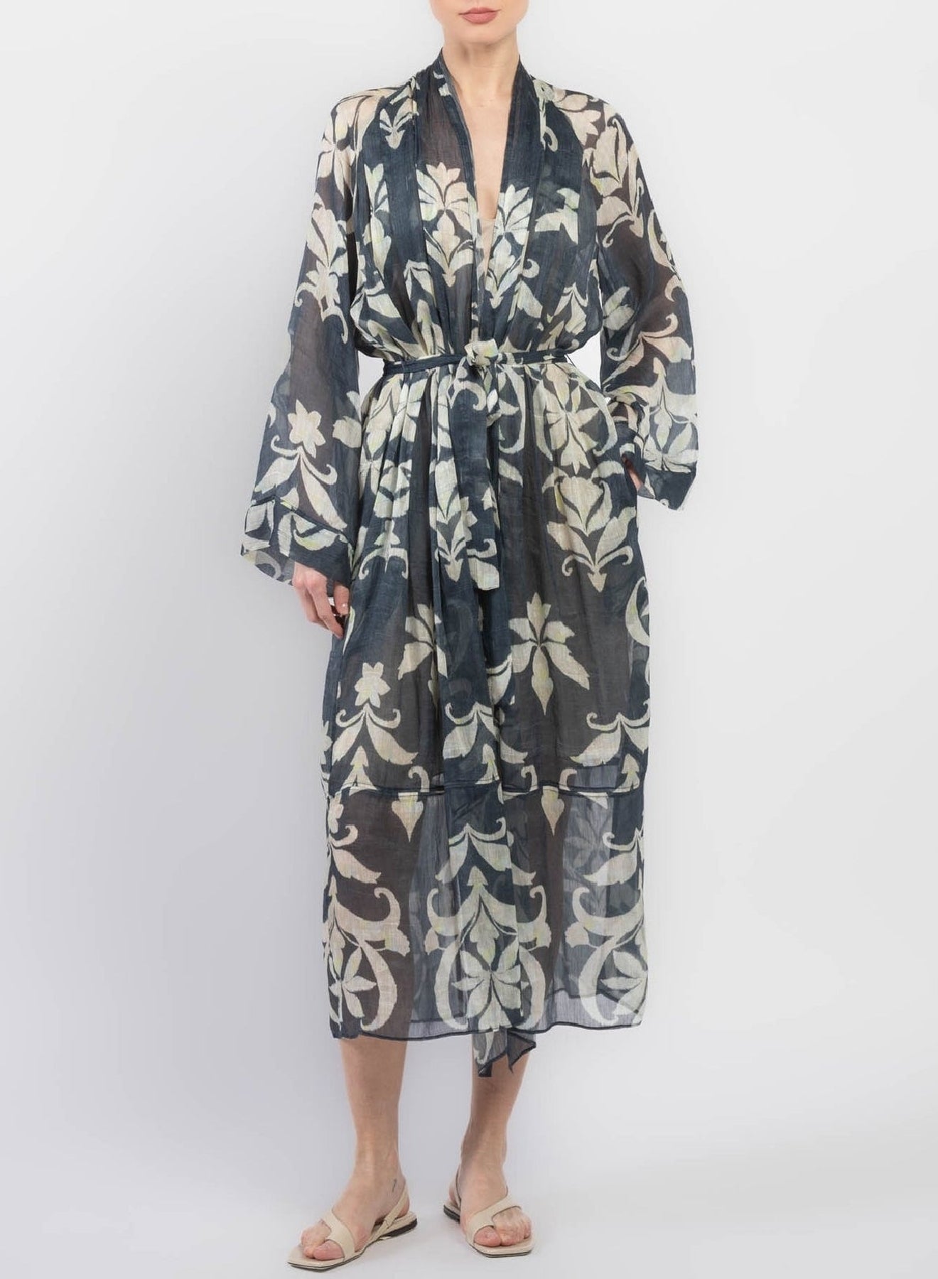 Kimono imprimé "Secret Lily" en lin - Oltremare