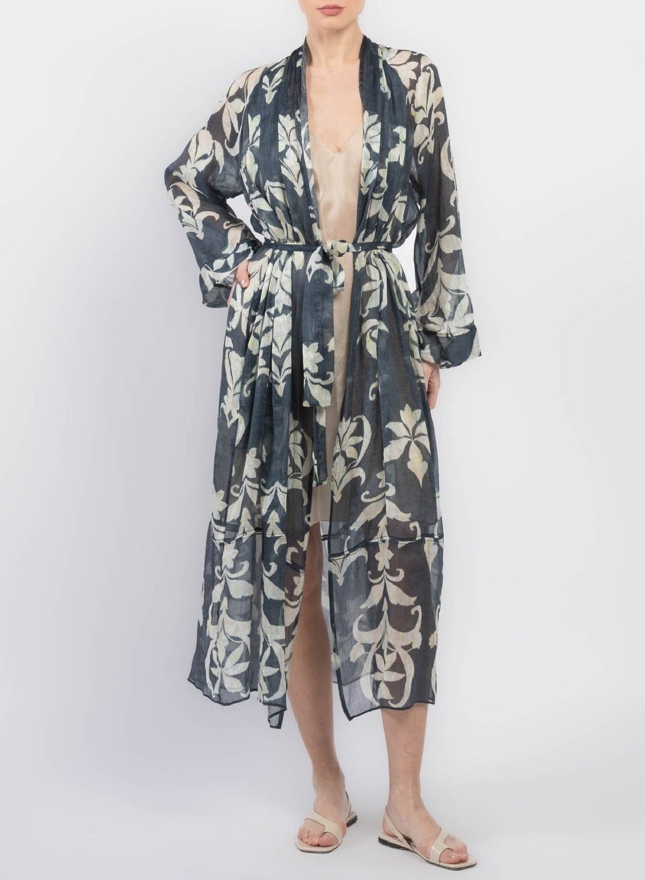 Kimono imprimé "Secret Lily" en lin - Oltremare