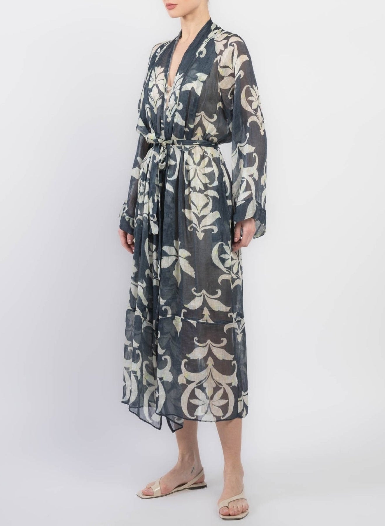 Kimono imprimé "Secret Lily" en lin - Oltremare