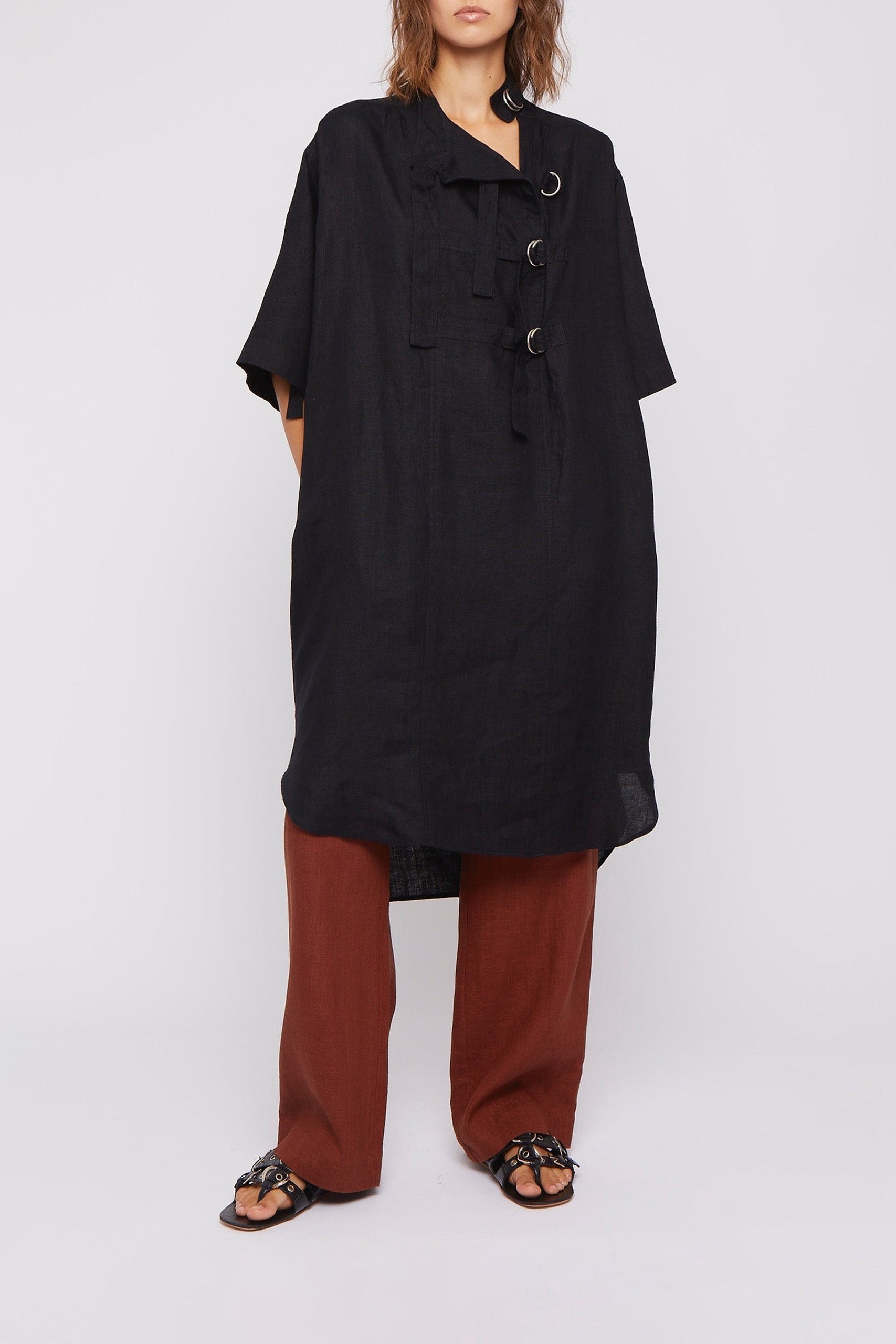 Robe mi-longue Foggy oversize en lin - Black