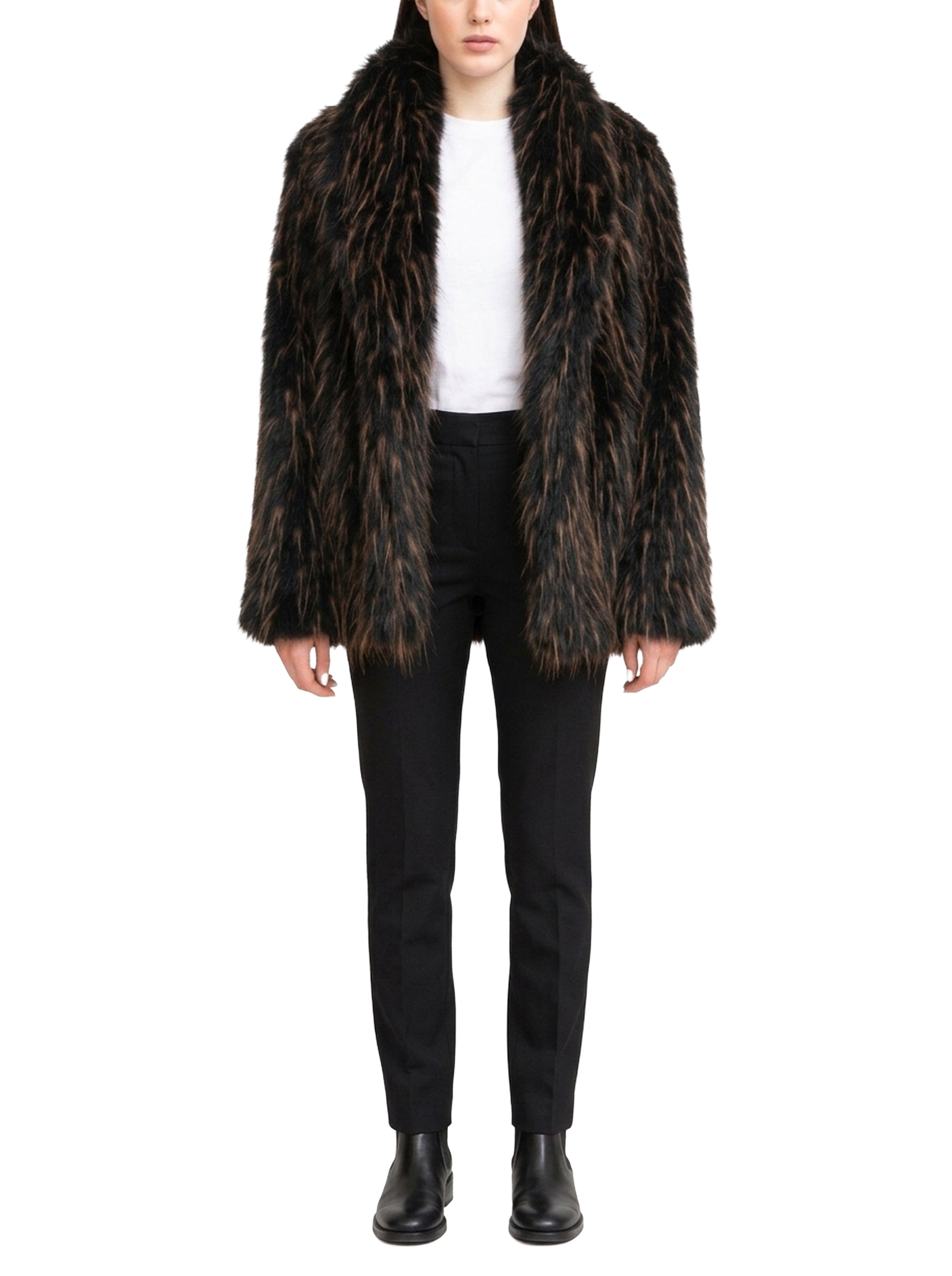 Manteau à col châle en fourrure - Black & Camel