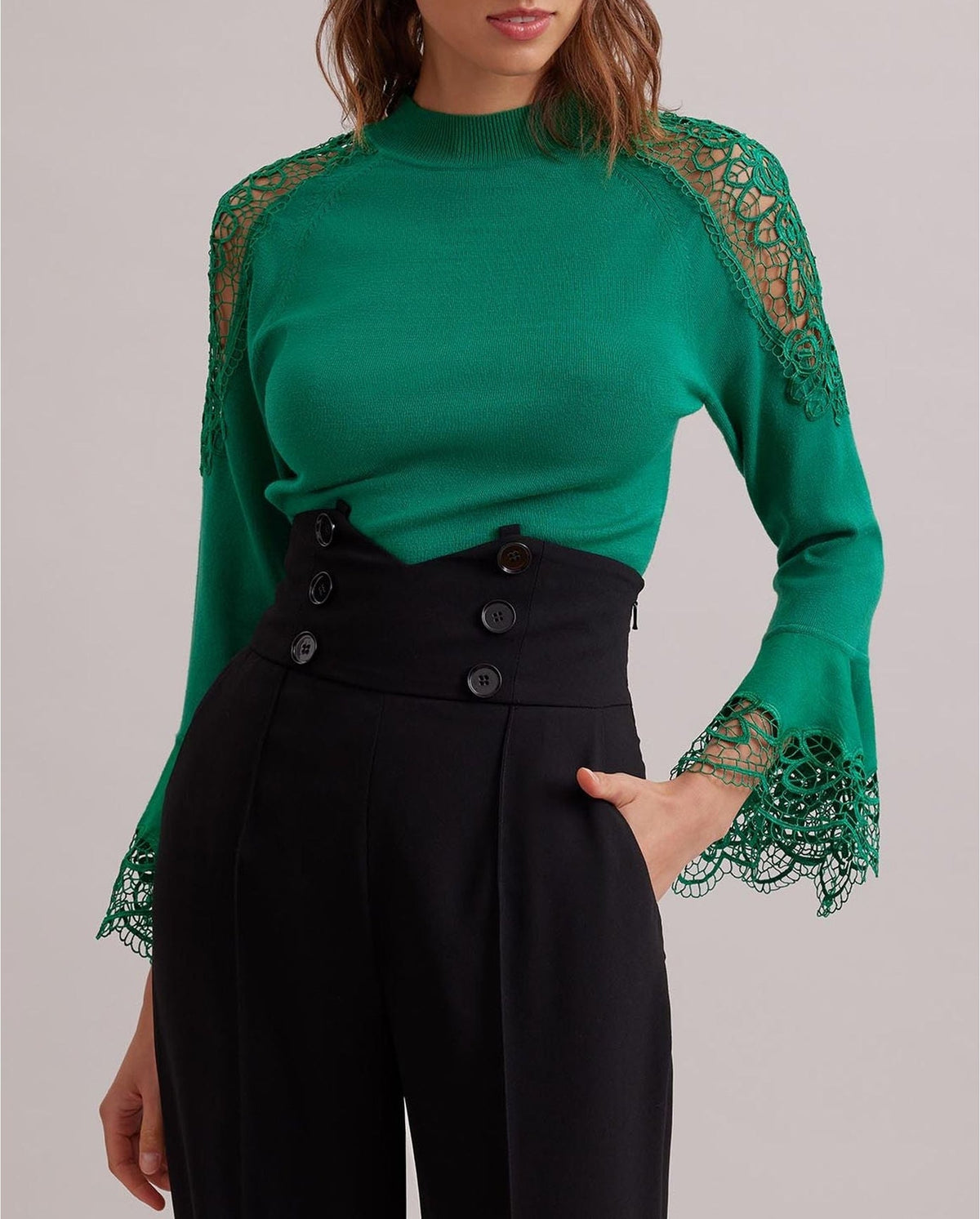 Pull Fozia en dentelle à manches longues - Mint